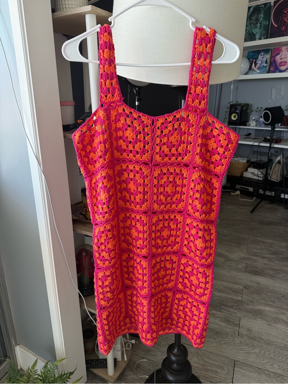 Vici Crochet Square Tank Mini Dress in Hot Pink and Orange